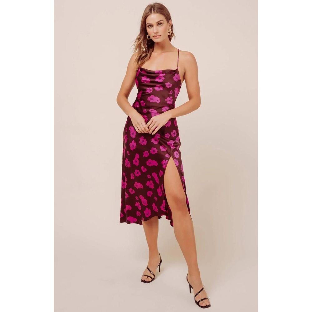 ASTR THE‎ LABEL Gaia Slip Silky Midi Floral Dress Brown Pink Floral Size XS